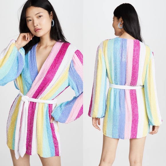 Retrofete Gabrielle NWT Robe Wrap Dress Unicorn Stripe Rainbow Sequin - Picture 3 of 12